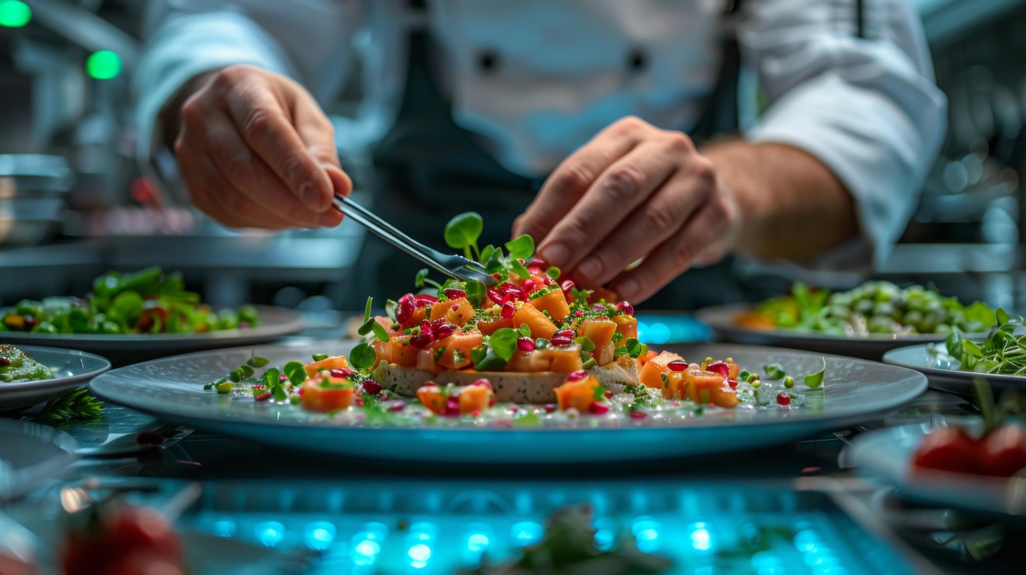 Instructor demonstrating a plated dish with modern tools